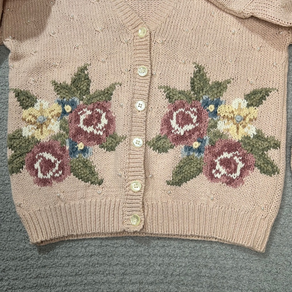 1990s Ashley Cardigan VTG Floral Hand Knit PM Pink Grandmacore Coquette Cottage - Picture 2 of 13